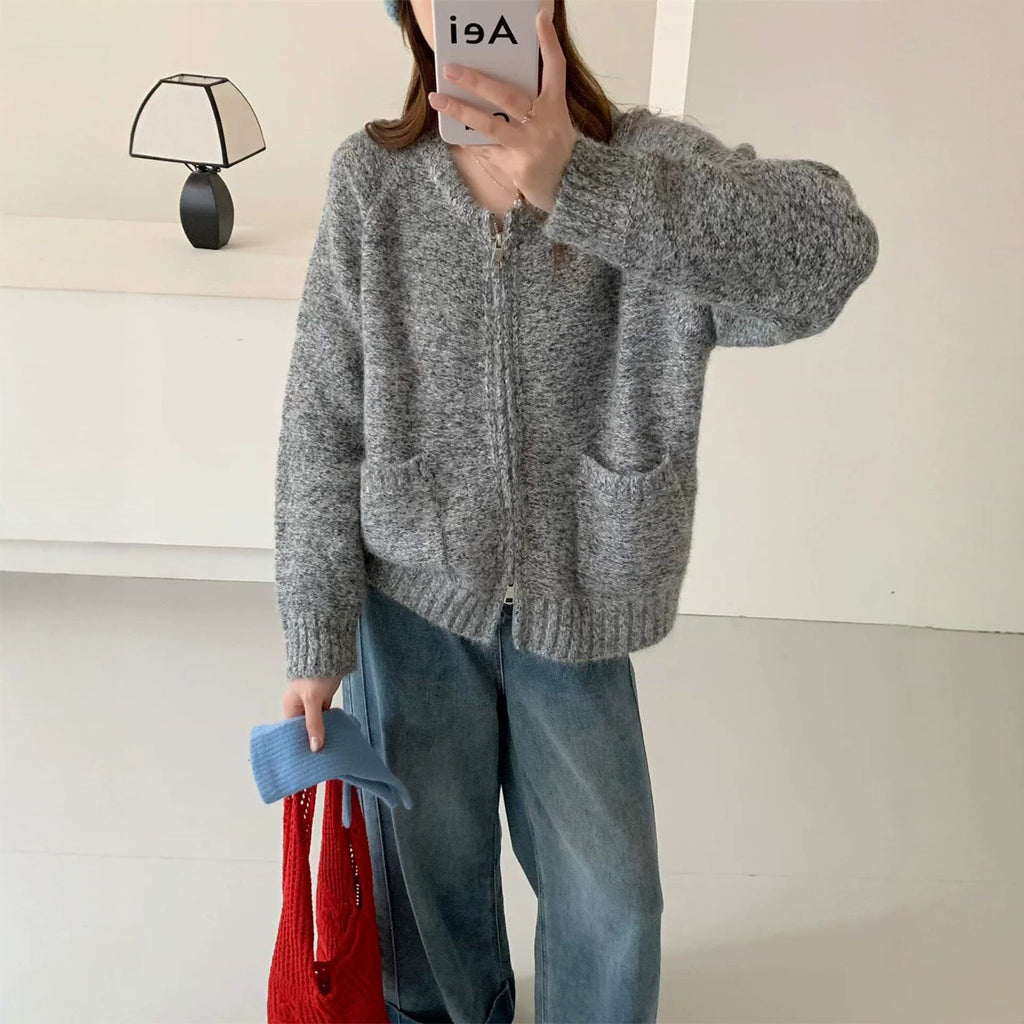 Round neck double zipper cardigan sweater for women