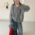 Round neck double zipper cardigan sweater for women