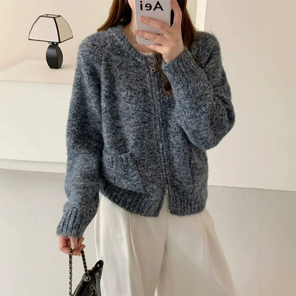 Round neck double zipper cardigan sweater for women