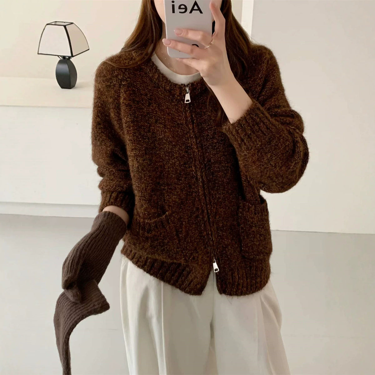 Round neck double zipper cardigan sweater for women